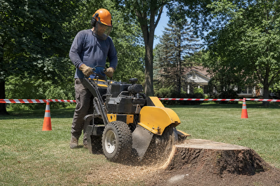 Operator grinding a tree stump below grade