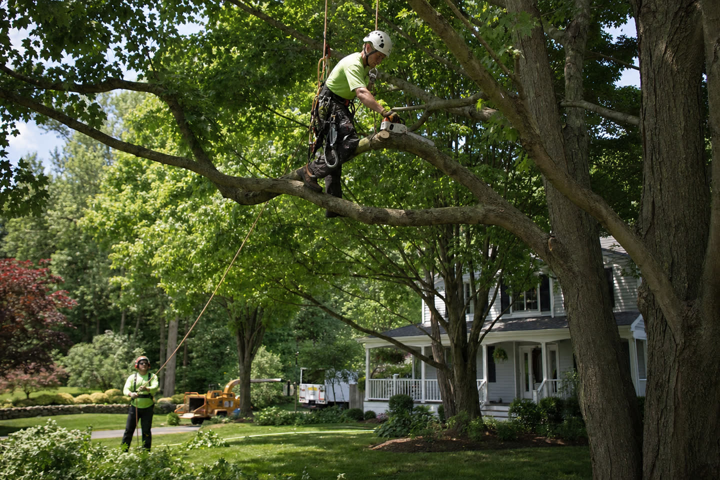 Professional arborist crew pruning and rigging a mature tree