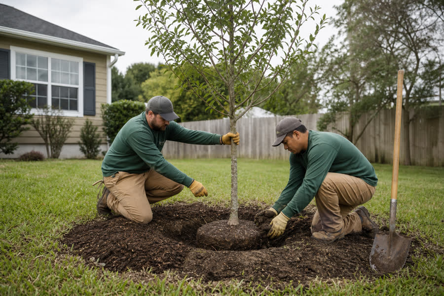 Tree care crew correctly planting a young shade tree