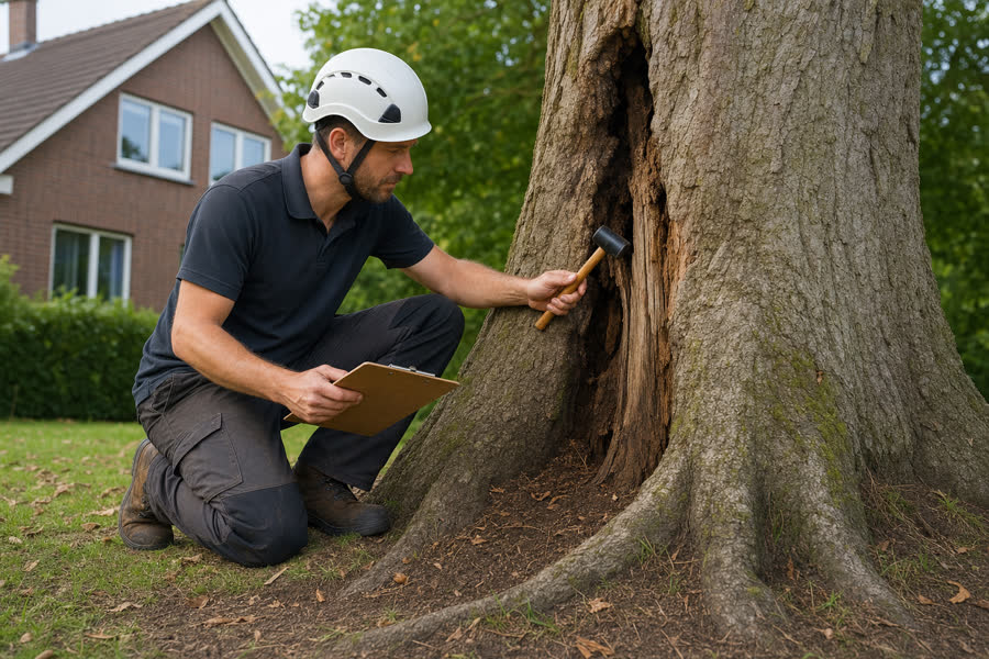 Arborist inspecting a tree trunk and root flare